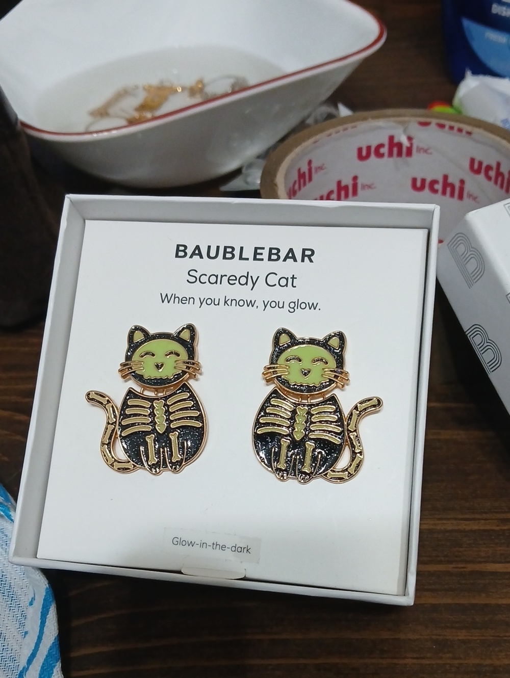 BaubleBar Scaredy Cat Glow-in-the-Dark Cat Earrings - Green and Black
